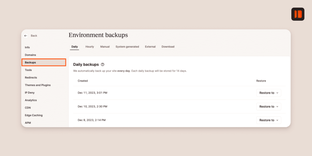 Downloadable backups in MyKinsta.