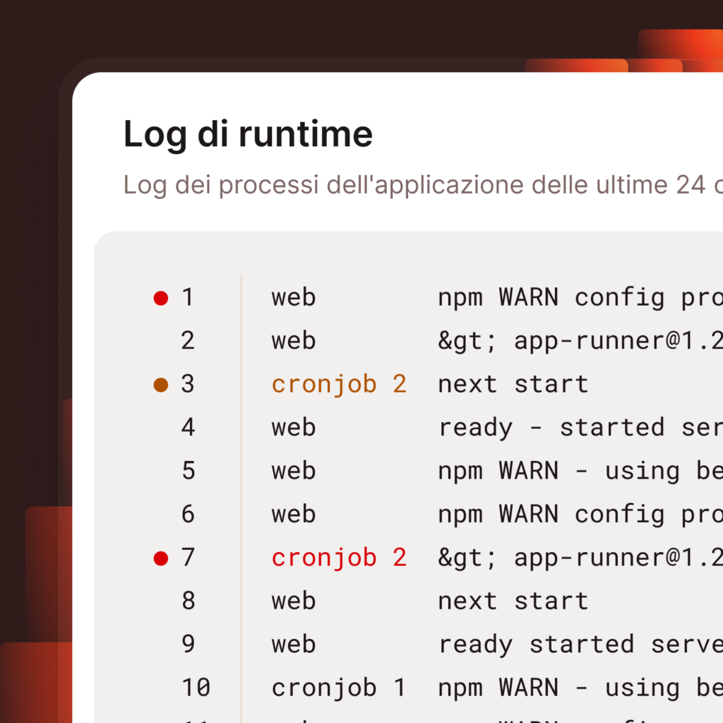 Schermata di MyKinsta che mostra i log di runtime